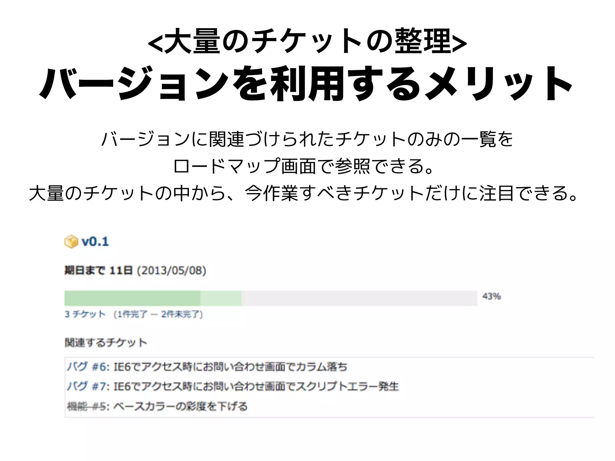 <大量のチケットの整理>
バージョンを利用するメリット
バージョンに関連づけられたチケットのみの一覧を
ロードマップ画面で参照できる。
大量のチケットの中から、今作業すべきチケットだけに注目できる。
 