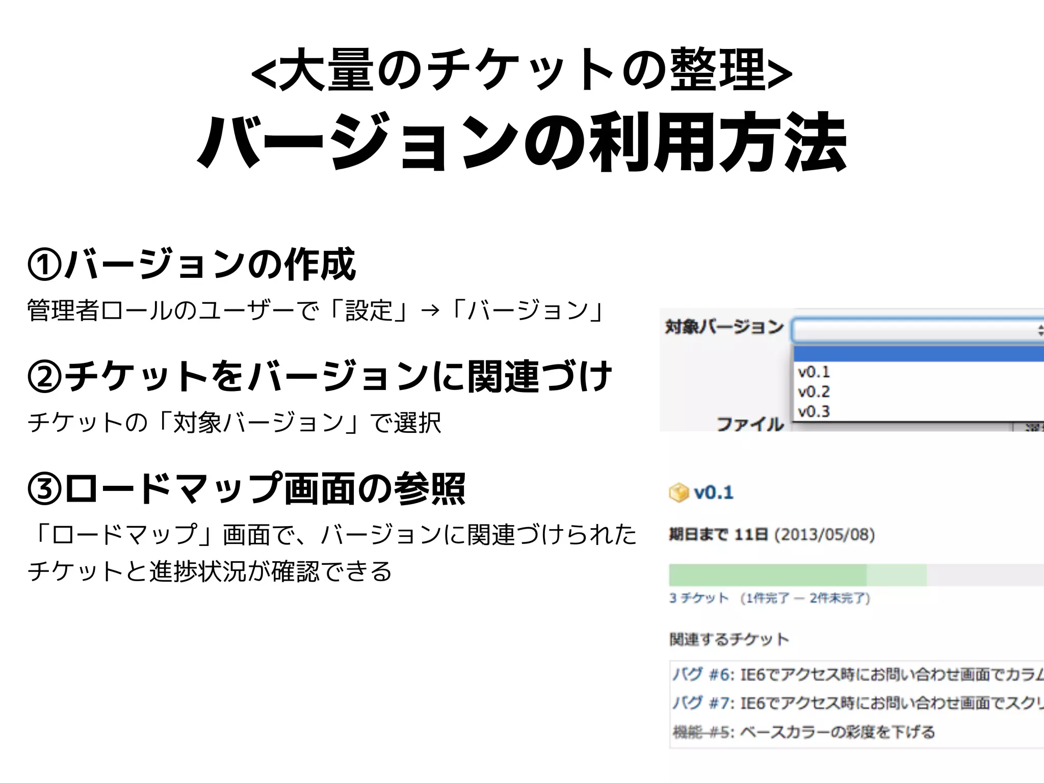 <大量のチケットの整理>
バージョンの利用方法
①バージョンの作成
管理者ロールのユーザーで「設定」→「バージョン」
②チケットをバージョンに関連づけ
チケットの「対象バージョン」で選択
③ロードマップ画面の参照
「ロードマップ」画面で、バージョンに関連づけられた
チケットと進捗状況が確認できる
 
