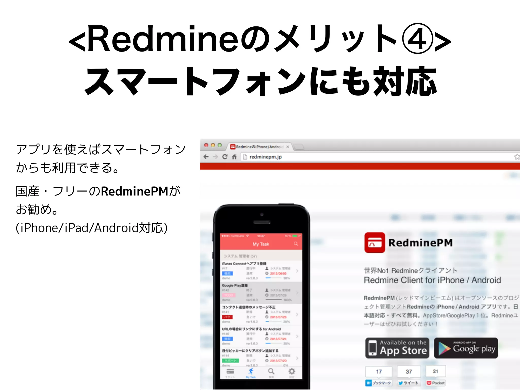 <Redmineのメリット④>
スマートフォンにも対応
アプリを使えばスマートフォン
からも利用できる。
国産・フリーのRedminePMが
お勧め。
(iPhone/iPad/Android対応)
 