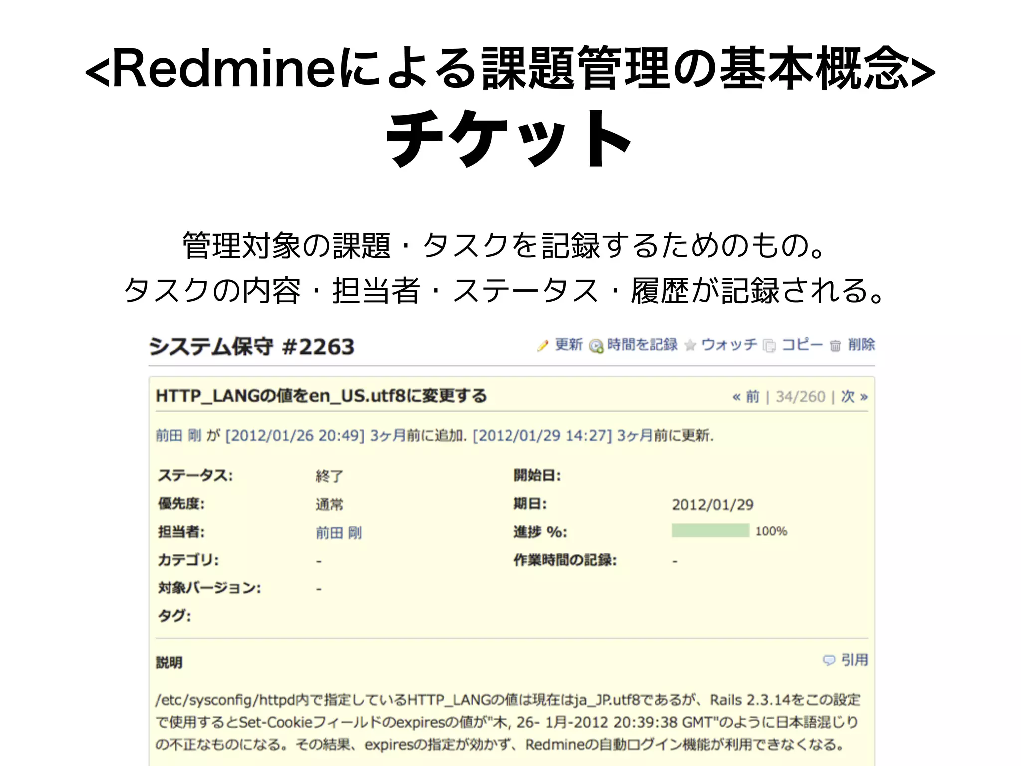 <Redmineによる課題管理の基本概念>
チケット
管理対象の課題・タスクを記録するためのもの。
タスクの内容・担当者・ステータス・履歴が記録される。
 