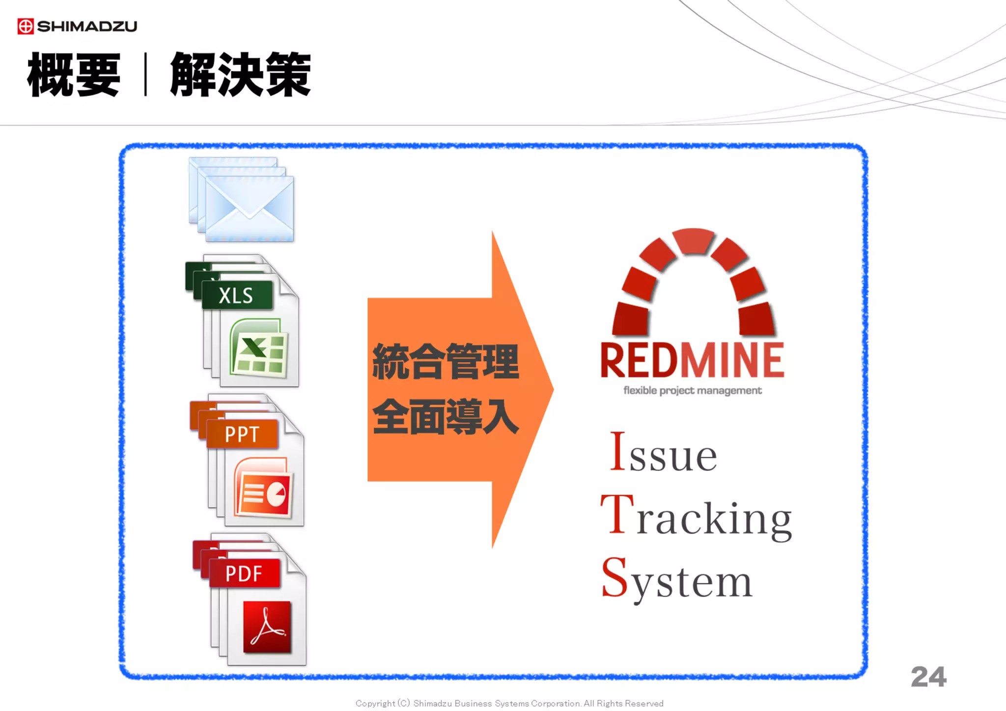 Copyright (C) Shimadzu Business Systems Corporation. All Rights Reserved
概要｜解決策
24
統合管理
全面導入
Issue
Tracking
System
 