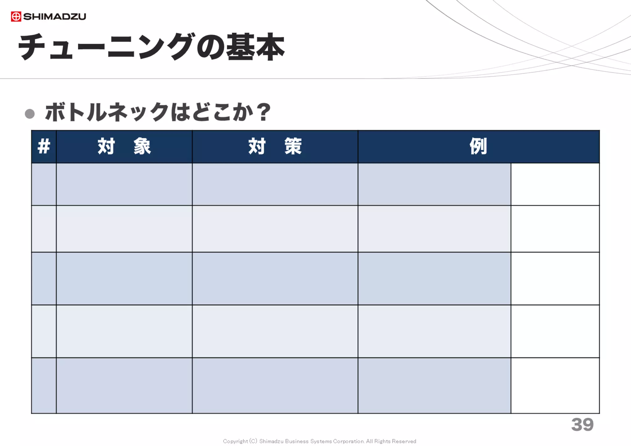 Copyright (C) Shimadzu Business Systems Corporation. All Rights Reserved
概要｜まとめ
39
１）100種の業務システムを200人が運用する現場
２）IT統制に対応するため高水準の管理品質を維持
網羅性は必達（全員が全情報を入力し続ける）
３）文房具：常にサクサクの応答性能と盤石な安定性
４）運営のための余力は皆無。省力化の徹底と、
安定性･信頼性の同時成立が不可欠（さもないと帰れない）
 