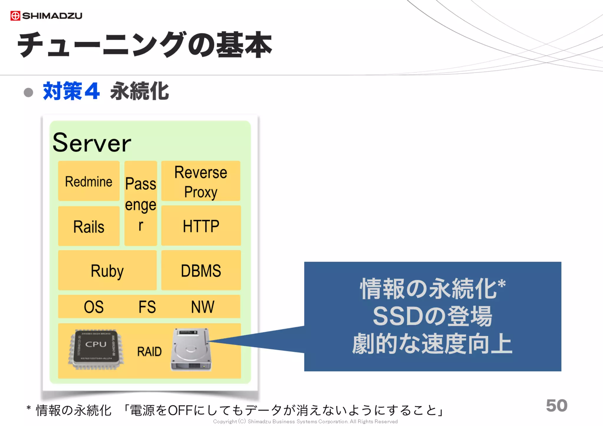 Copyright (C) Shimadzu Business Systems Corporation. All Rights Reserved
チューニングの基本
 対策４ 永続化
50* 情報の永続化 「電源をOFFにしてもデータが消えないようにすること」
Server
Pass
enge
r
RAID
OS FS NW
Ruby
Rails
Redmine
DBMS
HTTP
Reverse
Proxy
情報の永続化*
SSDの登場
劇的な速度向上
 