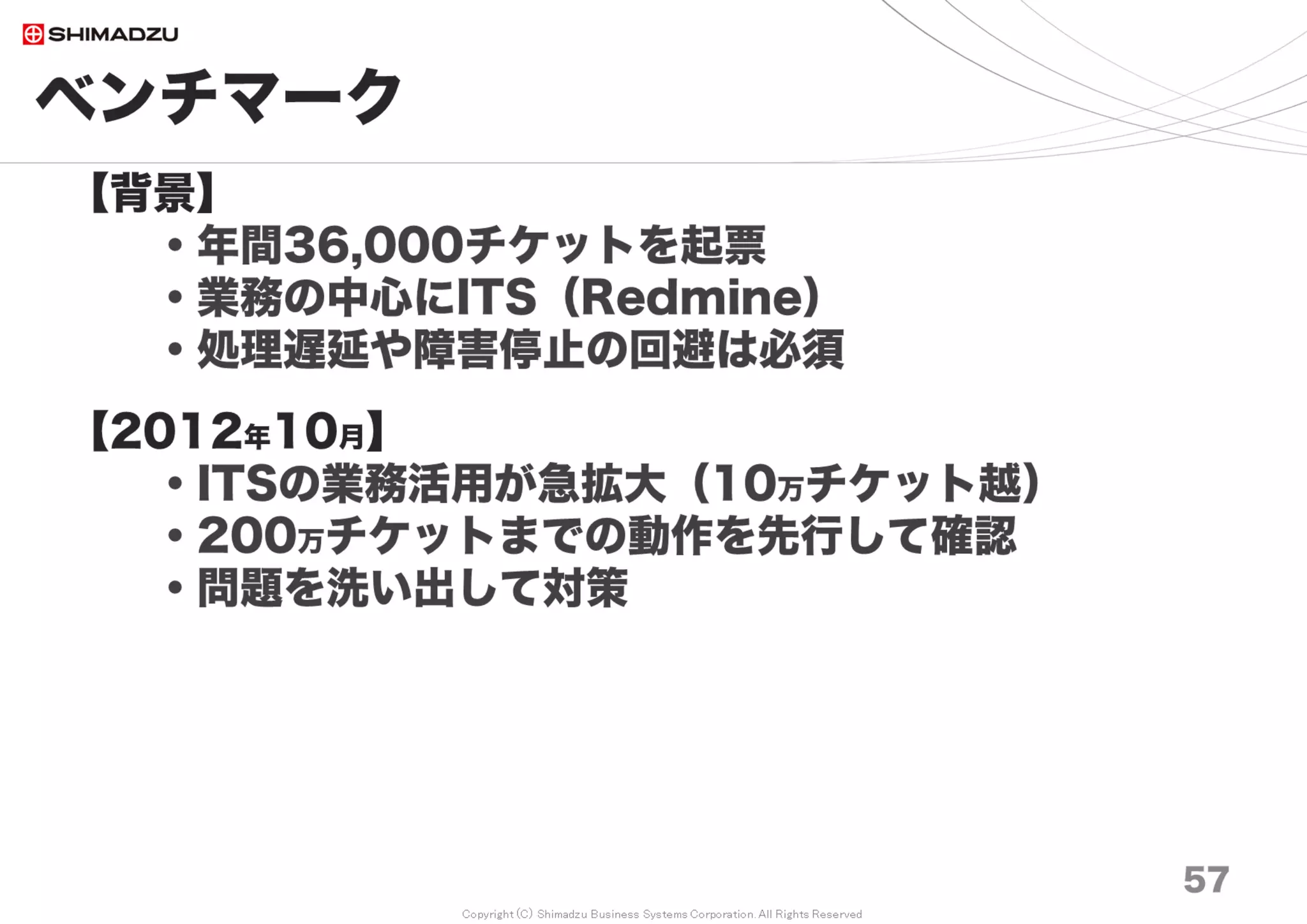 Copyright (C) Shimadzu Business Systems Corporation. All Rights Reserved
ベンチマーク
57
“サクサク”の
基準
 