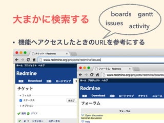 大まかに検索する
• 機能へアクセスしたときのURLを参考にする
issues
boards gantt
activity
 