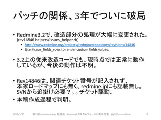 パッチの関係、3年でついに破局
• Redmine3.2で、改造部分の処理が大幅に変更された。
(rev14846 helpers/issues_helper.rb)
• http://www.redmine.org/projects/redmine/repository/revisions/14846
• Use #issue_fields_rows to render custom fields values.
• 3.2上の従来改造コードでも、現時点では正常に動作
しているが、今後の動作は不明。
• Rev14846は、関連チケット番号が記入されず、
本家ロードマップにも無く、redmine.jpにも記載無し。
SVNから追掛け必要？。。チケット駆動..
• 本稿作成過程で判明。
2016/5/15 第10回redmine.tokyo 勉強会 Redminekカスタムフィールド表示改善 @y503unavailable 13
 