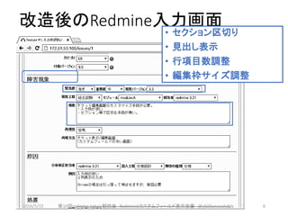 改造後のRedmine入力画面
• セクション区切り
• 見出し表示
• 行項目数調整
• 編集枠サイズ調整
2016/5/15 第10回redmine.tokyo 勉強会 Redminekカスタムフィールド表示改善 @y503unavailable 6
 