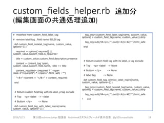 custom_fields_helper.rb 追加分
(編集画面の共通処理追加)
# modified from custom_field_label_tag
# remove label tag , field name BOLD tag
...