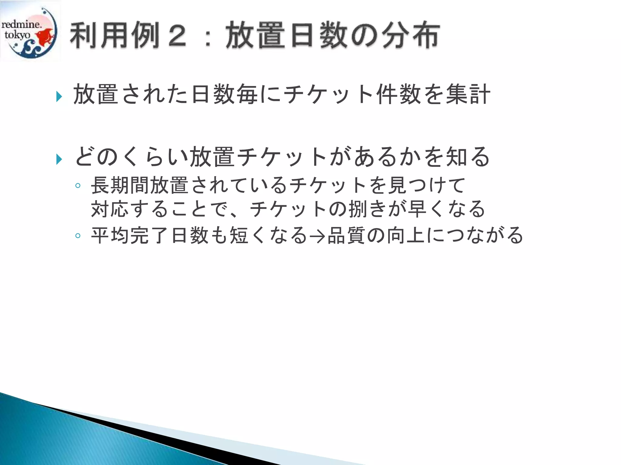  放置された日数毎にチケット件数を集計
 どのくらい放置チケットがあるかを知る
◦ 長期間放置されているチケットを見つけて
対応することで、チケットの捌きが早くなる
◦ 平均完了日数も短くなる→品質の向上につながる
 