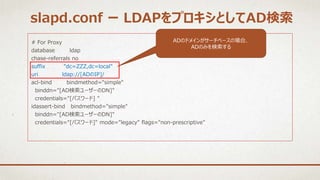 # For Proxy
database ldap
chase-referrals no
suffix "dc=ZZZ,dc=local"
uri ldap://[ADのIP]/
acl-bind bindmethod="simple"
binddn="[AD検索ユーザーのDN]"
credentials="[パスワード] "
idassert-bind bindmethod="simple"
binddn="[AD検索ユーザーのDN]"
credentials="[パスワード]" mode="legacy" flags="non-prescriptive"
ADのドメインがサーチベースの場合、
ADのみを検索する
slapd.conf ー LDAPをプロキシとしてAD検索
 