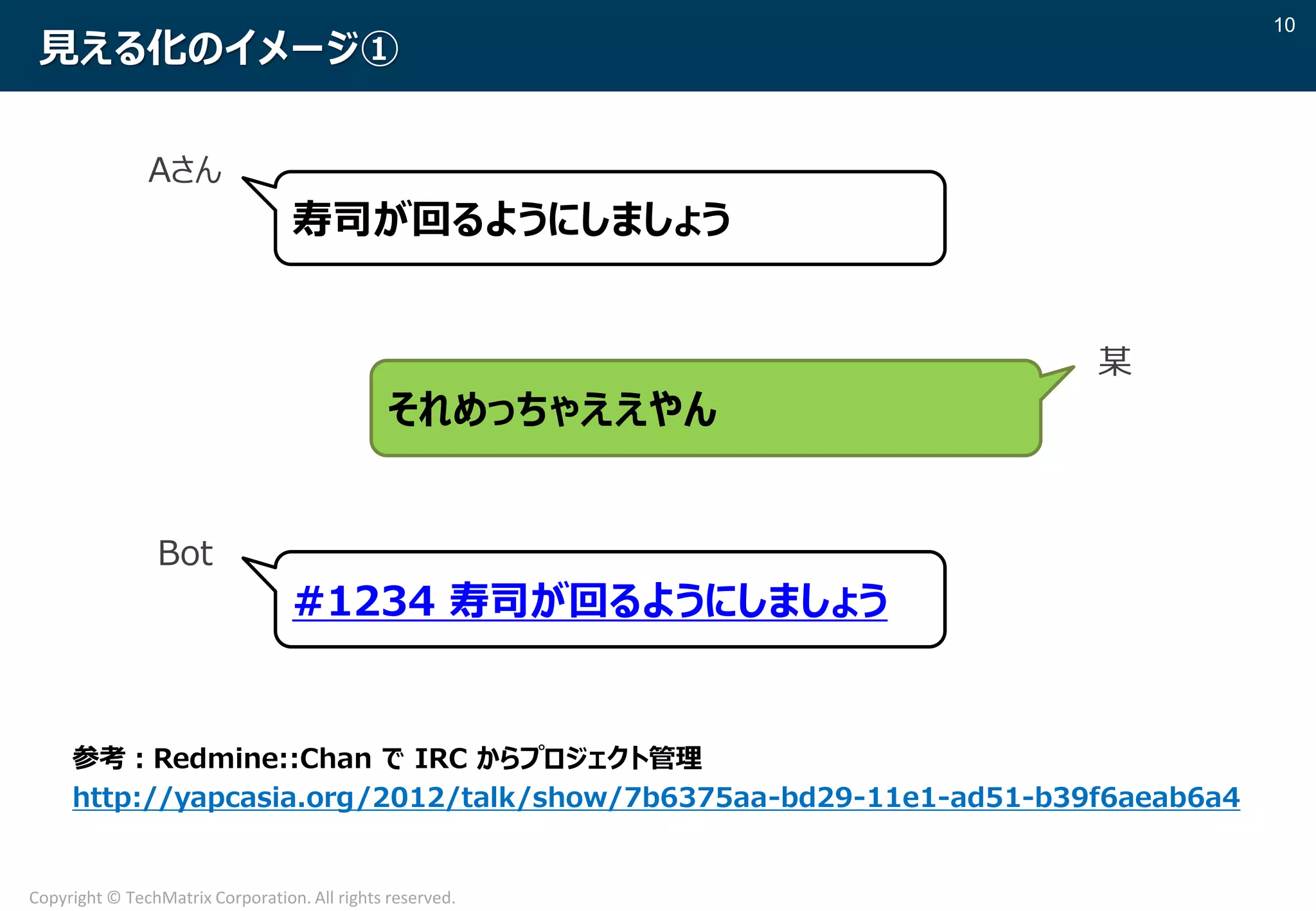 10
Copyright © TechMatrix Corporation. All rights reserved.
見える化のイメージ①
寿司が回るようにしましょう
それめっちゃええやん
#1234 寿司が回るようにしましょう
参考：Redmine::Chan で IRC からプロジェクト管理
http://yapcasia.org/2012/talk/show/7b6375aa-bd29-11e1-ad51-b39f6aeab6a4
Aさん
某
Bot
 