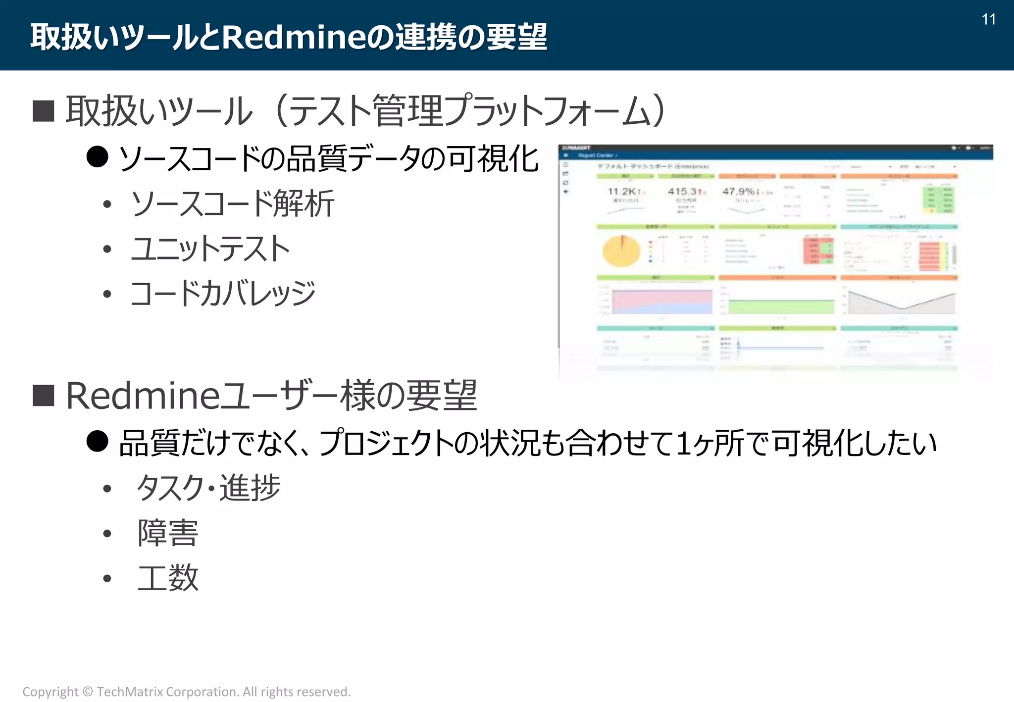 11
Copyright © TechMatrix Corporation. All rights reserved.
取扱いツールとRedmineの連携の要望
 取扱いツール（テスト管理プラットフォーム）
 ソースコードの品質データの可視化
• ソースコード解析
• ユニットテスト
• コードカバレッジ
 Redmineユーザー様の要望
 品質だけでなく、プロジェクトの状況も合わせて1ヶ所で可視化したい
• タスク・進捗
• 障害
• 工数
 