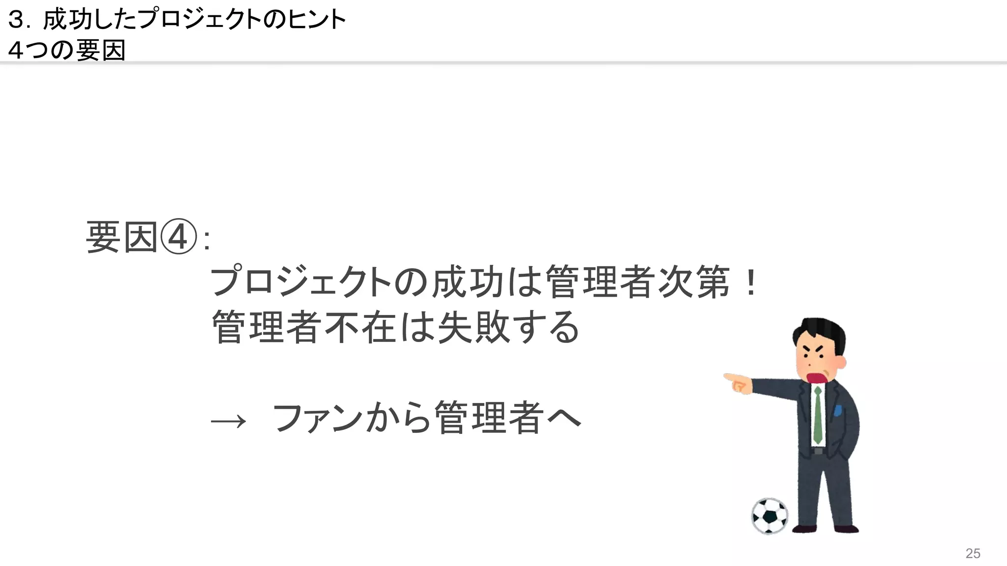25
要因④：　
　　　　　プロジェクトの成功は管理者次第！
　　　　　管理者不在は失敗する
　　　　
　　　　　→　ファンから管理者へ
３．成功したプロジェクトのヒント
４つの要因
 
