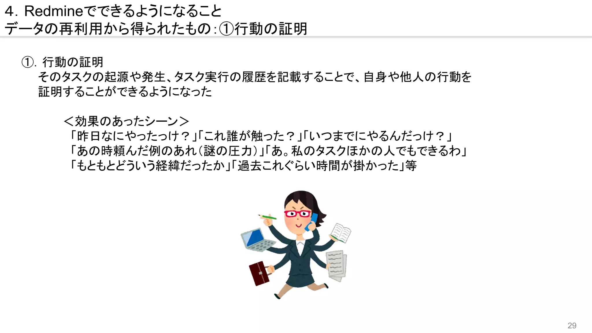 29
４．Redmineでできるようになること
データの再利用から得られたもの：①行動の証明
　①．行動の証明
　　　そのタスクの起源や発生、タスク実行の履歴を記載することで、自身や他人の行動を
　　　証明することができるようになった
　　　　　　＜効果のあったシーン＞
　　　　　　　「昨日なにやったっけ？」「これ誰が触った？」「いつまでにやるんだっけ？」
　　　　　　　「あの時頼んだ例のあれ（謎の圧力）」「あ。私のタスクほかの人でもできるわ」
　　　　　　　「もともとどういう経緯だったか」「過去これぐらい時間が掛かった」等
 