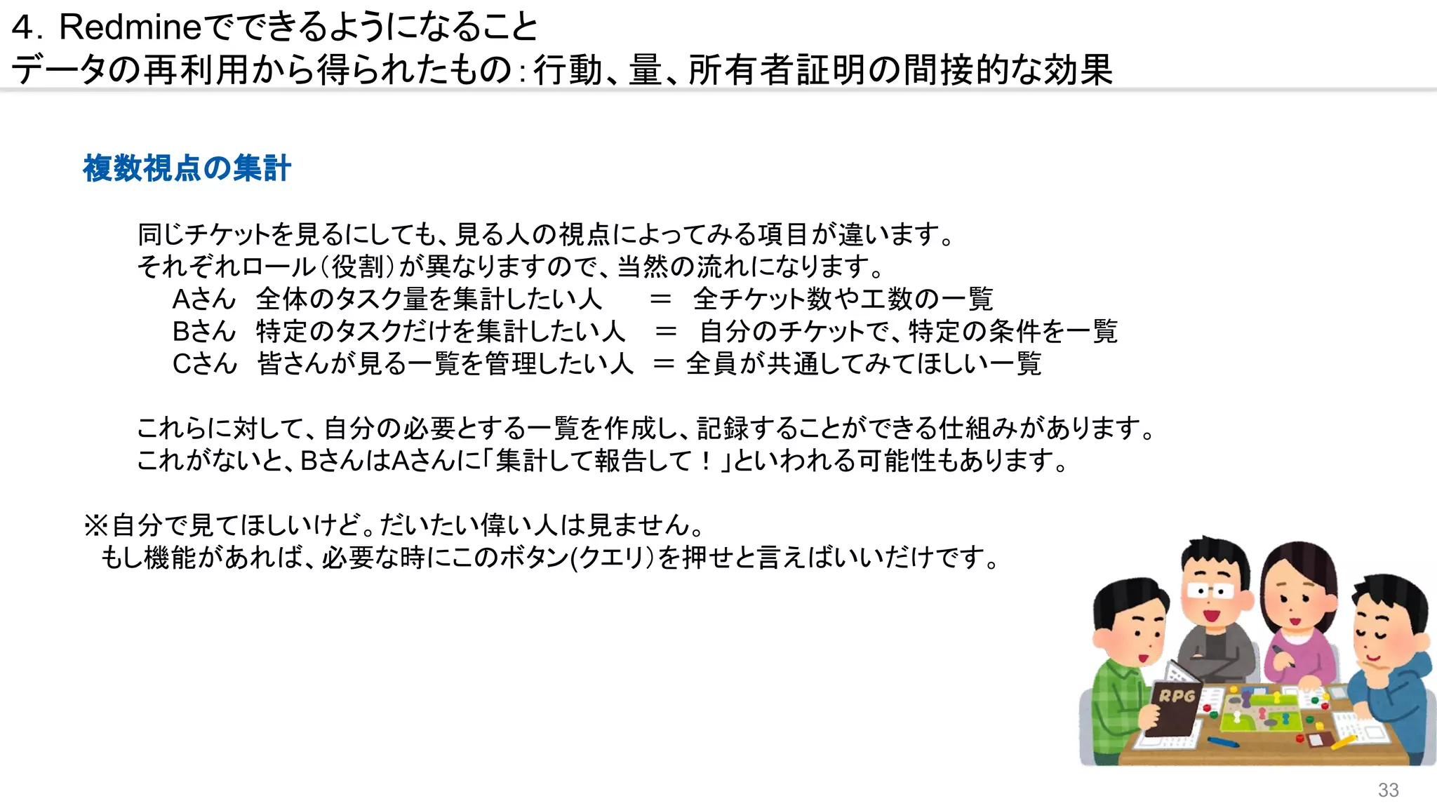 33
４．Redmineでできるようになること
データの再利用から得られたもの：行動、量、所有者証明の間接的な効果
複数視点の集計
　　　同じチケットを見るにしても、見る人の視点によってみる項目が違います。
　　　それぞれロール（役割）が異なりますので、当然の流れになります。
　　　　　Aさん　全体のタスク量を集計したい人　　 ＝　全チケット数や工数の一覧
　　　　　Bさん　特定のタスクだけを集計したい人　 ＝　自分のチケットで、特定の条件を一覧
　　　　　Cさん　皆さんが見る一覧を管理したい人 ＝ 全員が共通してみてほしい一覧
　　　これらに対して、自分の必要とする一覧を作成し、記録することができる仕組みがあります。
　　　これがないと、BさんはAさんに「集計して報告して！」といわれる可能性もあります。
　　　
※自分で見てほしいけど。だいたい偉い人は見ません。
　もし機能があれば、必要な時にこのボタン(クエリ）を押せと言えばいいだけです。
 