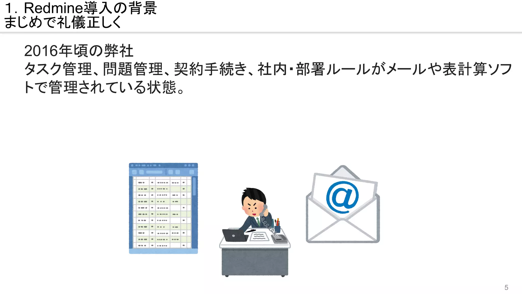 5
１．Redmine導入の背景
まじめで礼儀正しく
2016年頃の弊社
タスク管理、問題管理、契約手続き、社内・部署ルールがメールや表計算ソフ
トで管理されている状態。
 