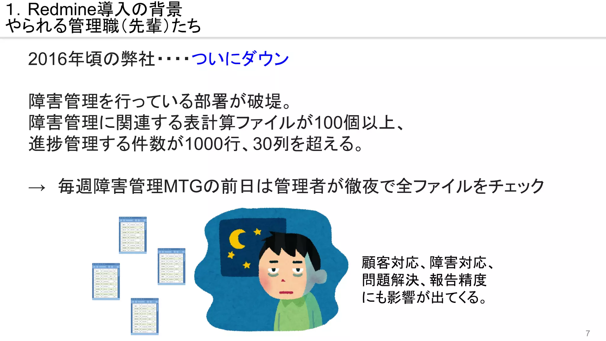 7
１．Redmine導入の背景
やられる管理職（先輩）たち
2016年頃の弊社・・・・ついにダウン
障害管理を行っている部署が破堤。
障害管理に関連する表計算ファイルが100個以上、
進捗管理する件数が1000行、30列を超える。
→　毎週障害管理MTGの前日は管理者が徹夜で全ファイルをチェック
顧客対応、障害対応、
問題解決、報告精度
にも影響が出てくる。
 