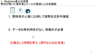 10
　１．関係者の人数に比例して暗黙社交辞令爆誕
　２．データの再利用性がなく、再集計が必要
　　　　　　　　　　　　　↓
　　　　　
　　礼儀正しく時間を奪う。(澤円さんのお言葉)
１．Redmine導入の背景
弊社が陥った表計算とメールの蔓延による危機感
 