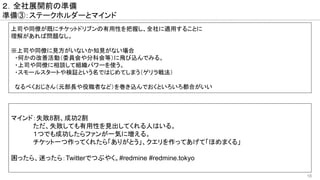 18
２．全社展開前の準備
準備③：ステークホルダーとマインド
上司や同僚が既にチケットドリブンの有用性を把握し、全社に適用することに
理解があれば問題なし。
※上司や同僚に見方がいないか知見がない場合
　・何かの改善活動（委員会や分科会等）に飛び込んでみる。
　・上司や同僚に相談して組織パワーを使う。
　・スモールスタートや検証という名ではじめてしまう（ゲリラ戦法）
　
　なるべくおじさん（元部長や役職者など）を巻き込んでおくといろいろ都合がいい
マインド：失敗8割、成功2割
　　　　　ただ、失敗しても有用性を見出してくれる人はいる。
　　　　　１つでも成功したらファンが一気に増える。
　　　　　チケット一つ作ってくれたら「ありがとう」、クエリを作ってあげて「ほめまくる」
困ったら、迷ったら：Twitterでつぶやく。#redmine #redmine.tokyo
 