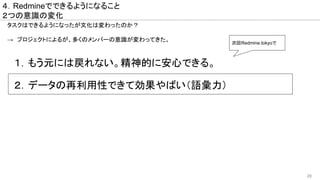 28
４．Redmineでできるようになること
２つの意識の変化
タスクはできるようになったが文化は変わったのか？
→　プロジェクトによるが、多くのメンバーの意識が変わってきた。
　１．もう元には戻れない。精神的に安心できる。
　２．データの再利用性できて効果やばい（語彙力）
　　　
次回Redmine.tokyoで
 