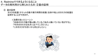 30
４．Redmineでできるようになること
データの再利用から得られたもの：②量の証明
　②．量の証明
　　　　タスクの総量（チケットの数や実行時間の総数）自身や他人のタスクの総量を
　　　　証明することができます。
　　　　　　　＜効果のあったシーン＞
　　　　　　　　「自身のタスク量が増or減している」「あの人働いていない気がする」
　　　　　　　　「今月のタスクは先月に比べてこうだった」
　　　　　　　　「このタスクが大きいから何とかしたい」
 