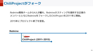 ChiliProjectがフォーク

Redmine
ChiliProject (2011-2015)
Redmine開発チームから4人が離れ、Redmineホスティングを提供する企業の
メンバーとともにRedmineをフォークしたChiliProjectを2011年に開始。


2015年にプロジェクト終了を宣言。
 