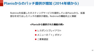 Planioからのパッチ提供が増加 (2014年頃から)

Redmineを拡張したホスティングサービスを提供しているPlanioから、拡張
部分を切り出したパッチの提供が増加。Redmineの機能向上に貢献
■ レスポンシブレイアウト


■ メニューの「＋」ボタン


■ 二要素認証
Planioから提供された機能の例
 