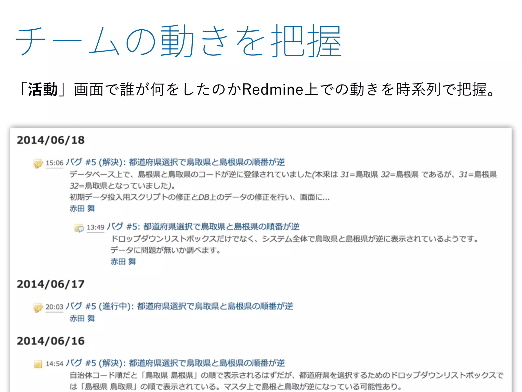 「活動」画面で誰が何をしたのかRedmine上での動きを時系列で把握。
 