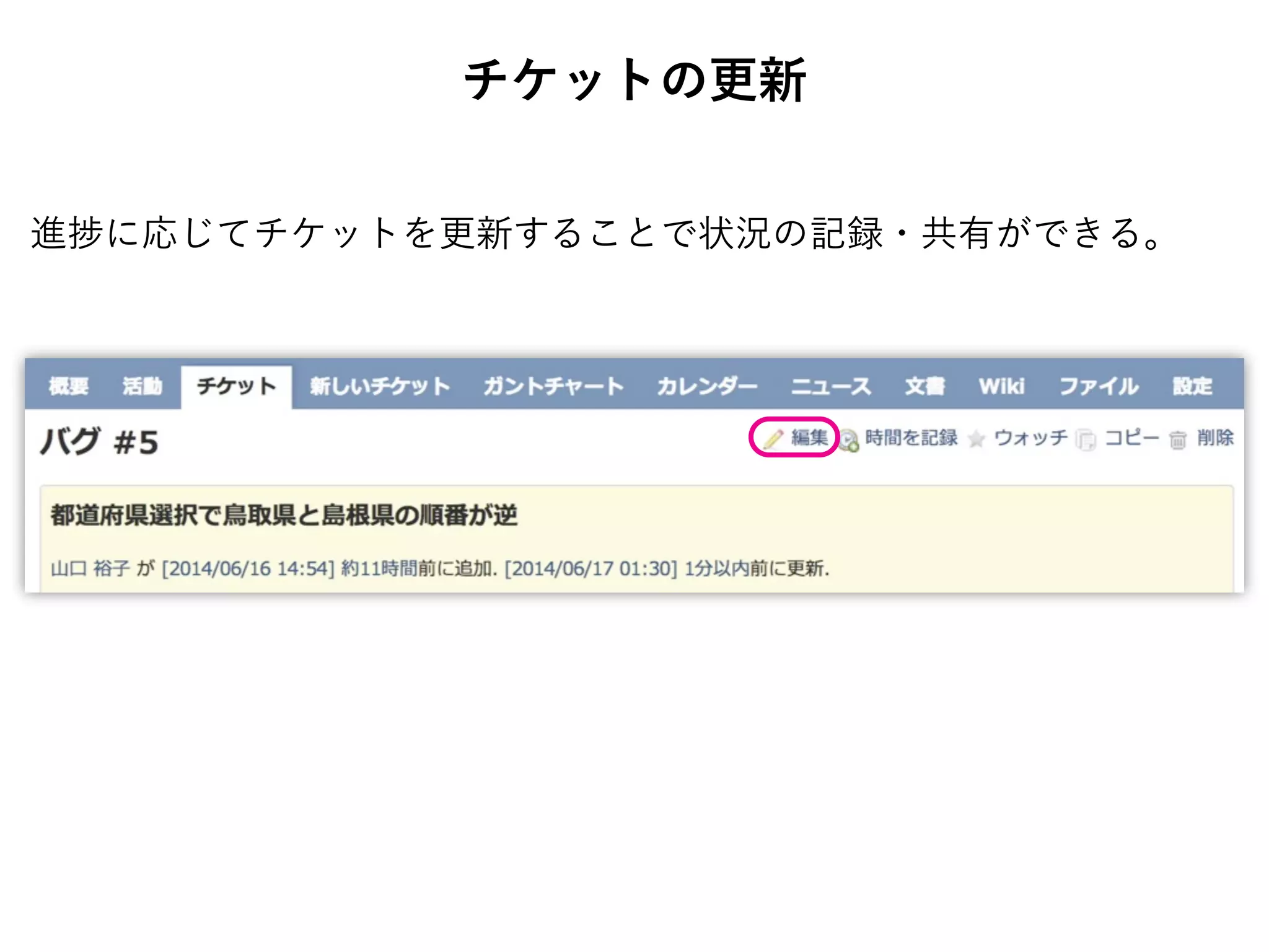 チケットの更新
進 に応じてチケットを更新することで状況の記録・共有ができる。
 