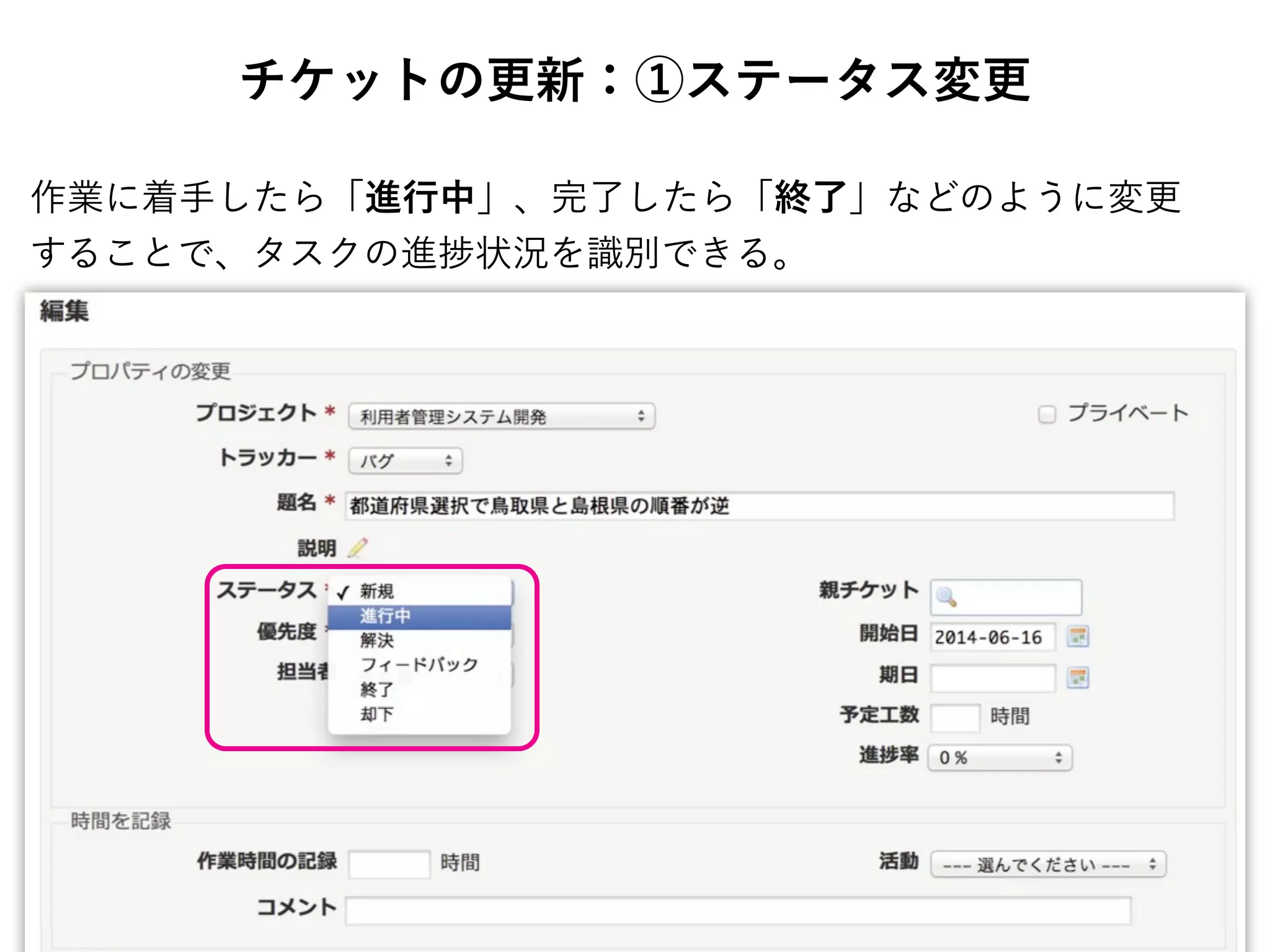 チケットの更新：①ステータス変更
作業に着手したら「進行中」、完了したら「終了」などのように変更
することで、タスクの進 状況を識別できる。
 