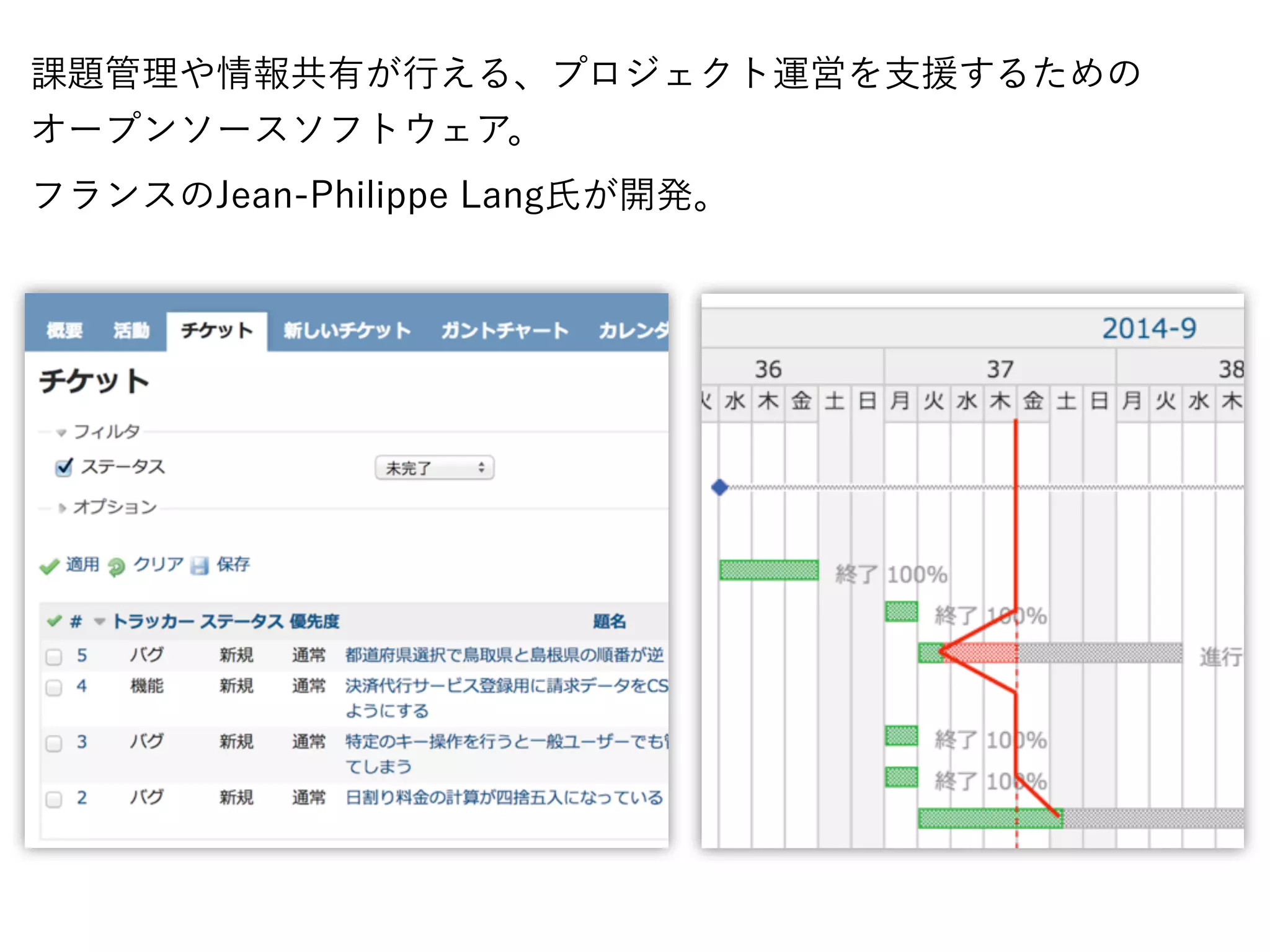 課題管理や情報共有が行える、プロジェクト運営を支援するための
オープンソースソフトウェア。
フランスのJean-Philippe Lang氏が開発。
 