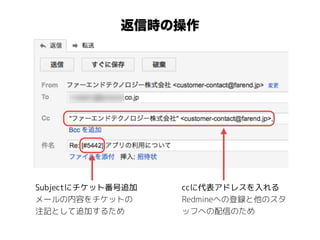 返信時の操作
ccに代表アドレスを入れる
Redmineへの登録と他のスタ
ッフへの配信のため
Subjectにチケット番号追加
メールの内容をチケットの
注記として追加するため
 
