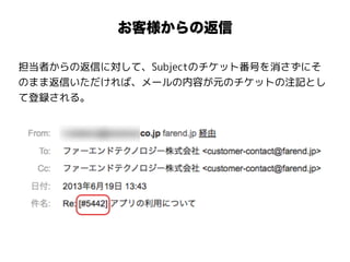お客様からの返信
担当者からの返信に対して、Subjectのチケット番号を消さずにそ
のまま返信いただければ、メールの内容が元のチケットの注記とし
て登録される。
 