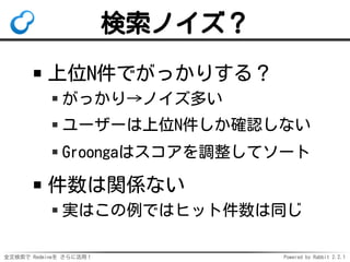 全文検索で Redmineを さらに活用！ Powered by Rabbit 2.2.1
検索ノイズ？
上位N件でがっかりする？
がっかり→ノイズ多い
ユーザーは上位N件しか確認しない
Groongaはスコアを調整してソート
件数は関係ない
実はこの例ではヒット件数は同じ
 