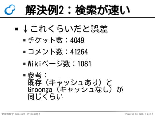 全文検索で Redmineを さらに活用！ Powered by Rabbit 2.2.1
解決例2：検索が速い
↓これくらいだと誤差
チケット数：4049
コメント数：41264
Wikiページ数：1081
参考：
既存（キャッシュあり）と
Groonga（キャッシュなし）が
同じくらい
 