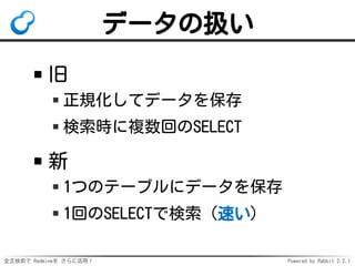 全文検索で Redmineを さらに活用！ Powered by Rabbit 2.2.1
データの扱い
旧
正規化してデータを保存
検索時に複数回のSELECT
新
1つのテーブルにデータを保存
1回のSELECTで検索（速い）
 