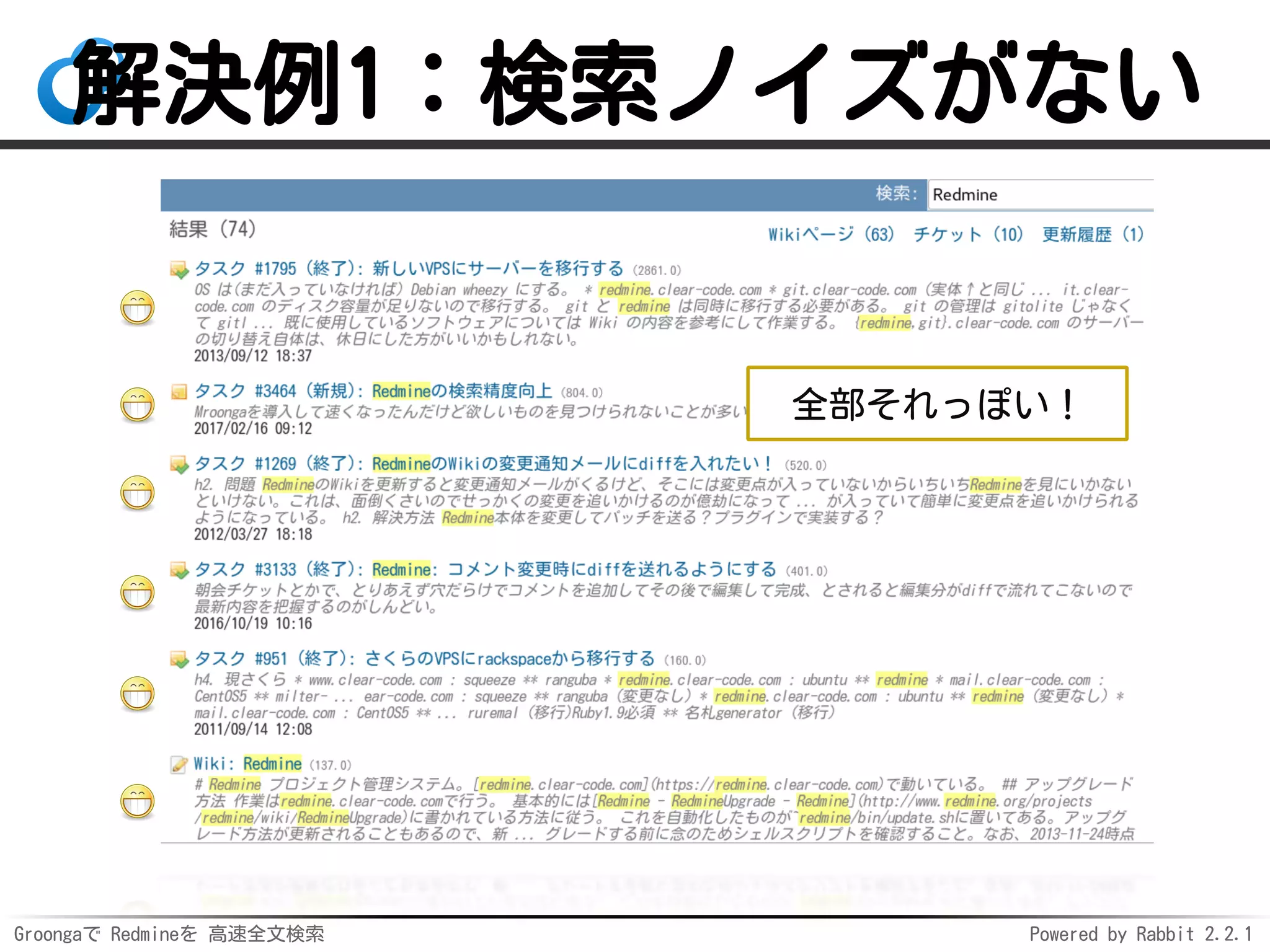 Groongaで Redmineを 高速全文検索 Powered by Rabbit 2.2.1
解決例1：検索ノイズがない
全部それっぽい！
 