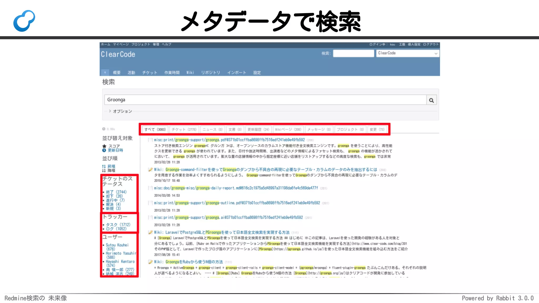 Redmine検索の 未来像 Powered by Rabbit 3.0.0
メタデータで検索
 