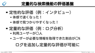 Redmine検索の 未来像 Powered by Rabbit 3.0.0
定量的な検索機能の評価基盤
定性的な評価（例：インタビュー）
体感で速くなった！
体感で見つかりやすくなった！
定量的な評価（例：ログ分析）
利用ユーザーが○人
ユーザーが必要な情報を取得できた割合が○%
ログを追加し定量的な評価が可能に
 