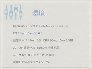 ? RedmineЩ`2.5.1(bitnami?ǥ󥹥ȩ`)?
? OSLinux CentOS 6.5
? 륵`УMem 2G, CPU 2Core, Disk 20GB
? 2014/04B2015/06ȫ
? `:150 å:11,000?
? ʹäƤץ饰24
 