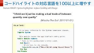 Feature #24681: Syntax highlighter: replace CodeRay with Rouge
“I think we'd just be making a bad trade-of between
quantity over quality”
(Mischa The Evil 2017-01-01)
 