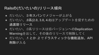 Railsの(だいたいの)リリース傾向
● だいたい、３年スパンでメジャーが上がる
● だいたい、.0系(2.0, 3.0, 4.0)はアップデートを促すための
過渡期リリース
● だいたい、.0系リリースは旧バージョンへのDeplication
Warningを出して、その後のリリースで削除してく
● だいたい、.1 とか .2 でドラスティックな機能追加、API
削除が入る
 