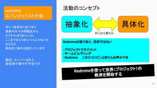 redmine
エバンジェリストの会
月に１度有志であつまり
愚痴や日々の問題点から
どうすればうまくいくか、
ここまでならうまくいくんじゃないか　
などなど
前向きに進める話をしています
現在、メンバーは６人
指名制で増やす予定です
Redmineは核であり、目的ではない
・プロジェクトマネジメント
・チームビルディング
・Redmine　　この３つにピンときたらお声かけを
抽象化 具体化
行ったり来たり
Redmineを使って世界（プロジェクト）の
救済を開始する
活動のコンセプト
12
 
