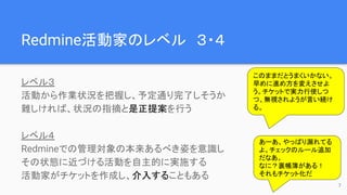 Redmine活動家のレベル　３・４
レベル３
活動から作業状況を把握し、予定通り完了しそうか
難しければ、状況の指摘と是正提案を行う
レベル４
Redmineでの管理対象の本来あるべき姿を意識し
その状態に近づける活動を自主的に実施する
活動家がチケットを作成し、介入することもある
このままだとうまくいかない。
早めに進め方を変えさせよ
う。チケットで実力行使しつ
つ、無視されようが言い続け
る。
あーあ、やっぱり漏れてる
よ。チェックのルール追加
だなあ。
なに？裏帳簿がある！
それもチケット化だ
7
 