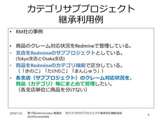 2019/11/2 第17回redmine.tokyo 勉強会 カテゴリのサブプロジェクト継承対応機能追加
@y503unavailable
4
カテゴリサブプロジェクト
継承利用例
• RM社の事例
• 商品のクレーム対応状況をRedmineで管理している。
• 支店をRedmineのサブプロジェクトとしている。
(Tokyo支店とOsaka支店)
• 商品をRedmineのカテゴリ機能で区分している。
（「きのこ」「たけのこ」「まんじゅう」）
• 各支店（サブプロジェクト）のクレーム対応状況を、
商品（カテゴリ）毎にまとめて管理したい。
（各支店単位に商品を分けない）
 