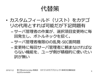 2019/11/2 第17回redmine.tokyo 勉強会 カテゴリのサブプロジェクト継承対応機能追加
@y503unavailable
6
代替策
• カスタムフィールド（リスト）をカテゴ
リの代用とすれば可能だが下記問題有
– サーバ管理者の作業が、選択項目変更時に毎
回発生し、ボトルネックを招く。
– サーバ管理者権限IDの乱発-SEC面問題
– 変更時に毎回サーバ管理者に頼まなければな
らない機能を、ユーザ側が積極的に使いたい
訳が無い
 