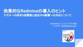 効果的なRedmineの導入のヒント
マズローの欲求５段階説と抵抗の６階層への対応について
Redmineエバンジェリストの会
20180526　第14回redmine.tokyo
1
 