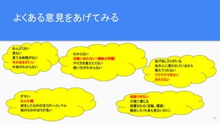 よくある意見をあげてみる
17
めんどくさい
見ない
見てる時間がない
今のままがいい　
中身がわからない
わからない
活動にあわない（導線の問題）
やり方を変えたくない
使い方がわからない
ダサい
なんか嫌
派生したもののほうがハイレベル
他のもののほうが良い
相談できない
大変に感じる
放置される（活動、環境）
報告しろ（中身も見ないのに）
あげあしとりがいる
あの人に言われているから
教えてくれない
ワクワクできない
おもろない
 
