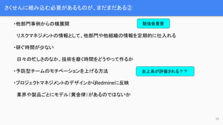 さくせんに組み込む必要があるものが、まだまだある②
・他部門事例からの横展開
　リスクマネジメントの情報として、他部門や他組織の情報を定期的に仕入れる
・研ぐ時間が少ない
　日々の忙しさのなか、技術を磨く時間をどうやって作るか
・予防型チームのモチベーションを上げる方法
・プロジェクトマネジメントのデザインからRedmineに反映
　業界や製品ごとにモデル（黄金律）があるのではないか
31
勉強会重要
炎上系が評価される？？
 