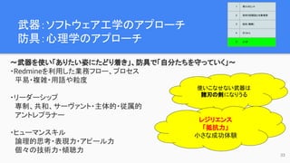 武器：ソフトウェア工学のアプローチ
防具：心理学のアプローチ
〜武器を使い「ありたい姿にたどり着き」、防具で「自分たちを守っていく」〜
・Redmineを利用した業務フロー、プロセス
　平易・複雑・用語や粒度　
・リーダーシップ
　専制、共和、サーヴァント・主体的・従属的
　アントレプラナー
・ヒューマンスキル
　論理的思考・表現力・アピール力
　個々の技術力・傾聴力
33
使いこなせない武器は
諸刃の剣になりうる
レジリエンス
「抵抗力」
小さな成功体験
1 導入のヒント
2 欲求５段階説と対象業務
3 抵抗（難敵）
4 さくせん
5 とくぎ
 